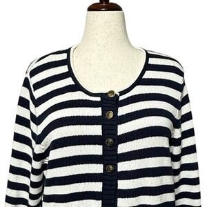 CJ Banks Cardigan Sweater Womens 1X Blue White Crochet Chunky Stripe 3/4 Sleeve